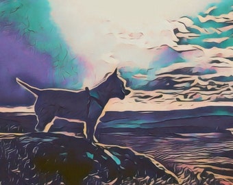 Westie Dog Greetings Card: Northumberland Landscape Art