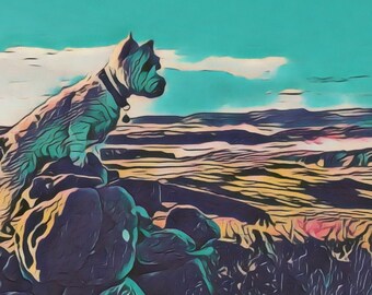 Westie Dog Greetings Card: Northumberland Landscape Art
