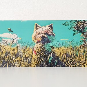 May include: A white West Highland White Terrier dog stands in a field of tall yellow grass with a blue sky in the background.