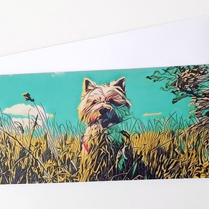 May include: A white dog with a fluffy coat stands in a field of tall grass. The dog is looking directly at the camera. The background is a bright blue sky with a few white clouds.
