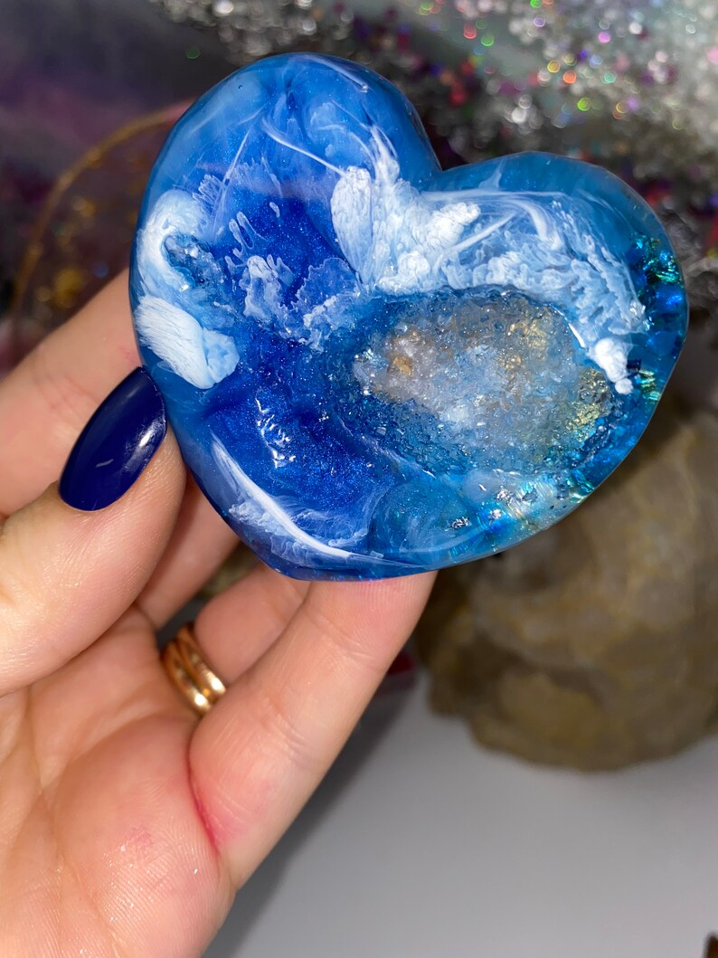 Can include real flower in any colour. palm sized resin heart Made to order in any colour Custom Made Druzy heart pocket hug