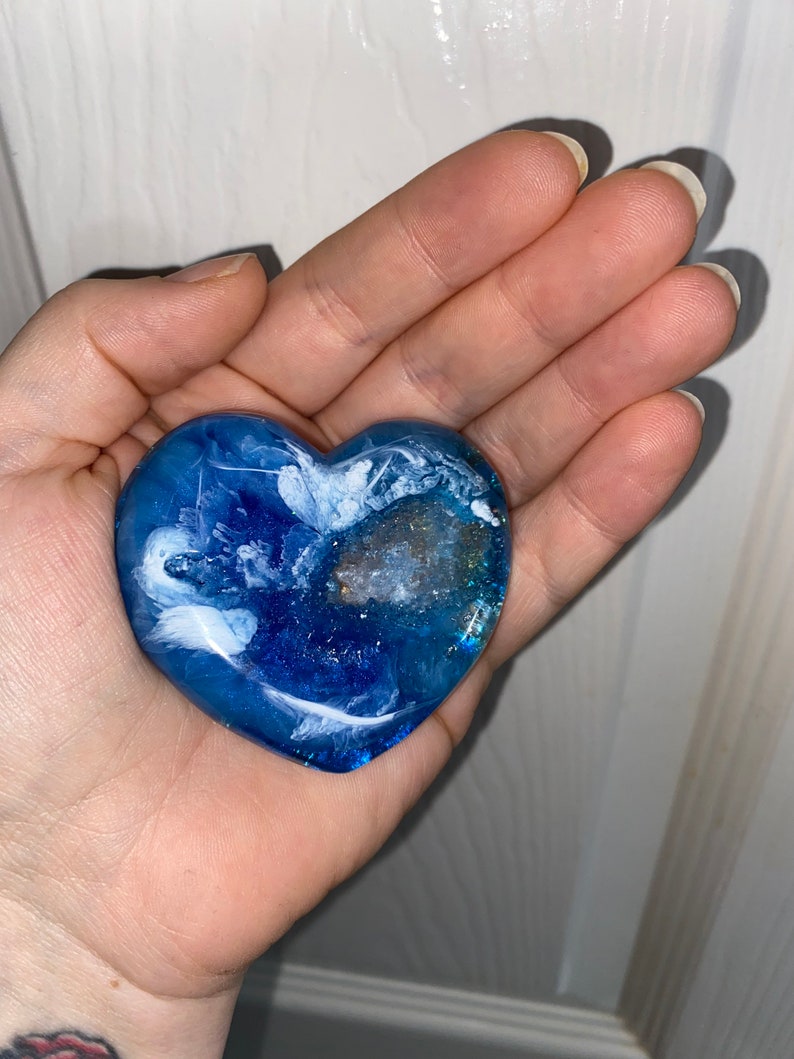 Can include real flower in any colour. palm sized resin heart Made to order in any colour Custom Made Druzy heart pocket hug