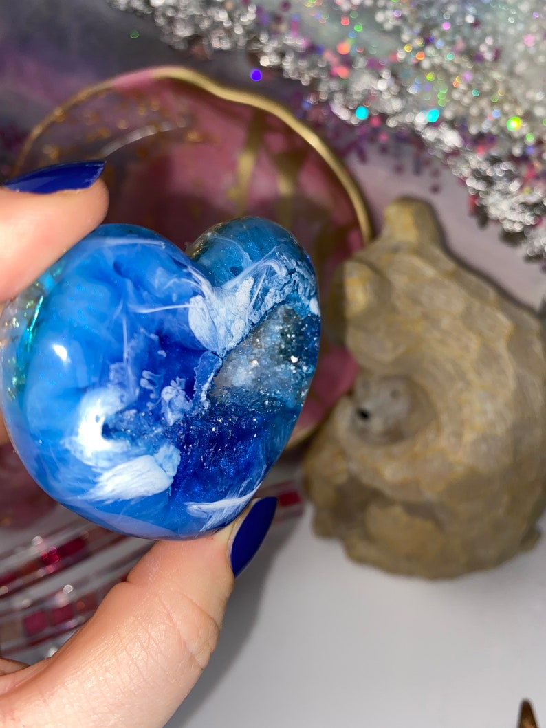 Can include real flower in any colour. palm sized resin heart Made to order in any colour Custom Made Druzy heart pocket hug