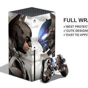 May include: A full wrap skin for the Xbox Series X console and controller featuring a black and white image of Batman and a futuristic character. The text "FULL WRAP" is in the top right corner of the image. The text "BEST PROTECTION", "CUTE DESIGNS", and "EASY TO APPLY" are listed below the text "FULL WRAP".