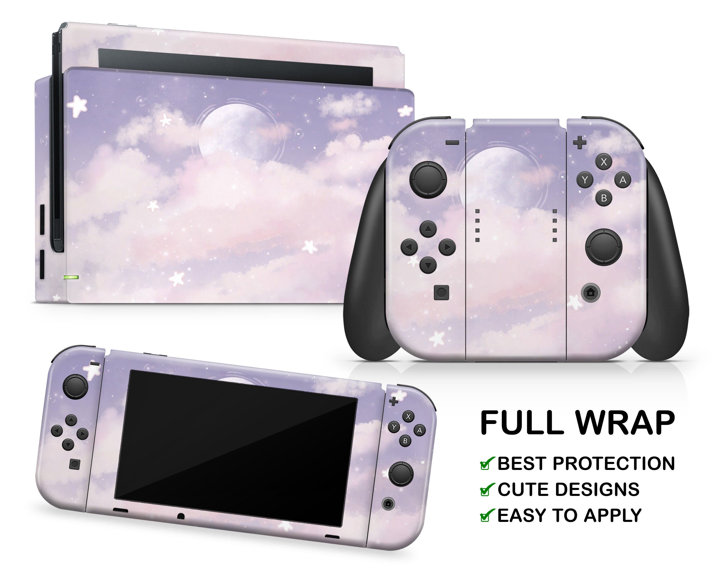 Moon Cloudy Sky Nintendo Switch Vinyl Sticker Violet Clouds Joy Cons Vinyl Skin Purple Sky Pattern Nintendo Console Dock Controller Decal