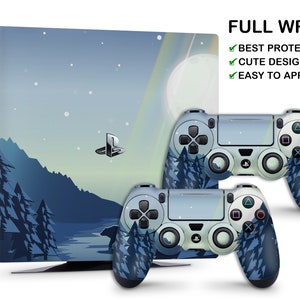May include: A blue and white PlayStation 4 console and two controllers with a forest and moon design. The text "FULL WRAP" is in the top right corner of the image. The text "BEST PROTECTION", "CUTE DESIGNS", and "EASY TO APPLY" are listed below the text "FULL WRAP".