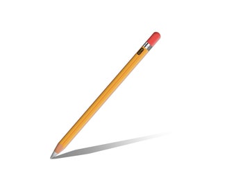 May include: A yellow pencil with a red eraser and a silver tip. The pencil is lying on a white surface and casting a shadow.
