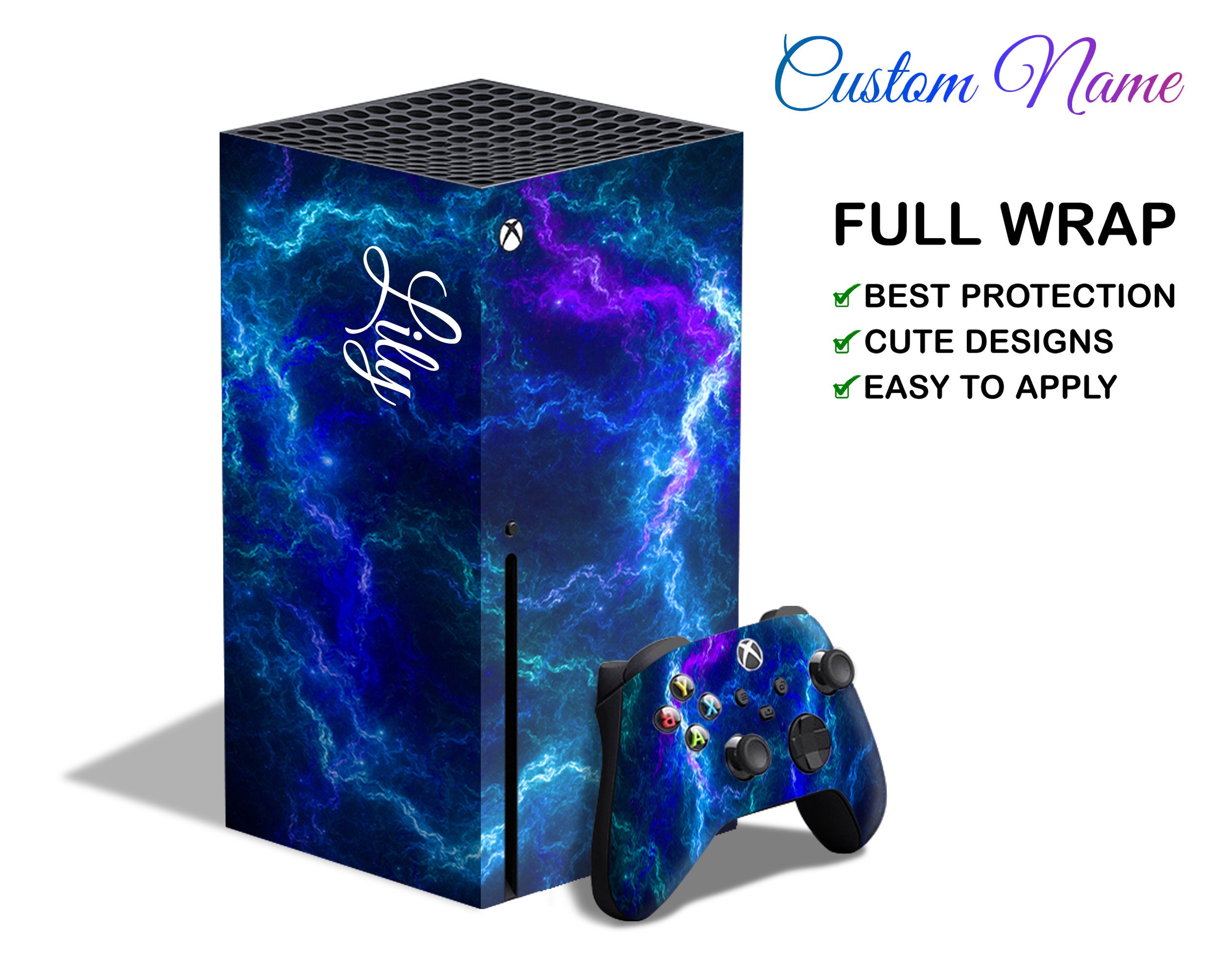 Nom personnalisé XBox One X One S Deep Blue Thunder Skin XBox 360 Initiales personnalisées XBox Series X XBox Series S Sticker vinyle doré personnalisé XBox