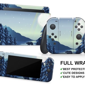 May include: A full wrap skin for the Nintendo Switch console and Joy-Con controllers. The design features a blue and white landscape with a bear, trees, and a moon. The text "FULL WRAP" is printed on the image, along with the words "BEST PROTECTION", "CUTE DESIGNS", and "EASY TO APPLY".
