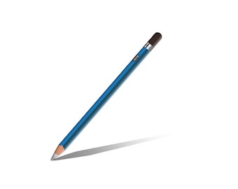May include: A blue pencil with a gray eraser and a sharpened tip. The pencil has a blue body with a silver band and the text "#2 HB". The pencil casts a shadow on a white background.