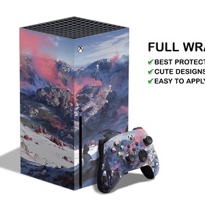 以下が含まれることがあります： Xbox Series X本体とコントローラー用のフルラップスキンで、ピンクとブルーの色合いのカラフルな山岳風景が特徴です。画像の右上隅に「FULL WRAP」というテキストが表示されています。「FULL WRAP」のテキストの下に、「BEST PROTECTION」、「CUTE DESIGNS」、「EASY TO APPLY」というテキストが表示されています。