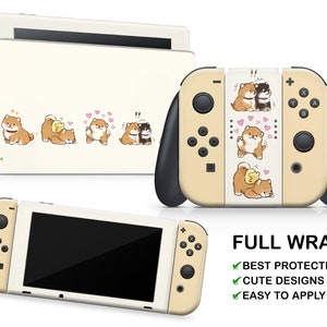 May include: A full wrap skin for the Nintendo Switch console and Joy-Cons featuring a cute design of Shiba Inu dogs with hearts. The skin is cream coloured with brown accents. The text "FULL WRAP" is displayed in black letters. The text "BEST PROTECTION", "CUTE DESIGNS", and "EASY TO APPLY" are displayed in green with a checkmark.