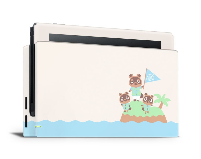 May include: A white Nintendo Switch console with a custom skin featuring Tom Nook and two villagers from the Animal Crossing video game series. The skin has a light blue ocean wave design at the bottom and a green island with palm trees in the center. Tom Nook is holding a flag with the Animal Crossing logo.