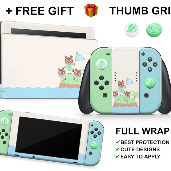 Animal Crossing New Horizons + Thumb Grip Caps GIFT Nintendo Switch Vinyl Skin Green Blue Solid Colors Joy Cons Nintendo Console Dock Skin
