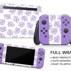 Puede incluir: Una piel para consola Nintendo Switch de color morado y blanco con un patrón de hojas. La piel es una envoltura completa, que cubre la consola, los Joy-Cons y la base. El texto "FULL WRAP" es visible en la imagen. El texto "BEST PROTECTION", "CUTE DESIGNS" y "EASY TO APPLY" también es visible en la imagen.