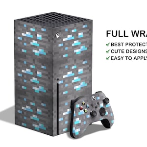 May include: A grey and blue Minecraft-themed skin for the Xbox Series X console and controller. The skin features a pixelated design of a diamond ore block. The text "FULL WRAP" is displayed in the top right corner of the image. The text "BEST PROTECTION", "CUTE DESIGNS", and "EASY TO APPLY" are displayed below the text "FULL WRAP".
