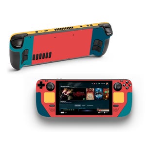 Può includere: Un dispositivo di gioco portatile con uno schema di colori rosso, giallo e blu. Il dispositivo ha uno schermo che mostra un menu di gioco con il testo "Giochi recenti".