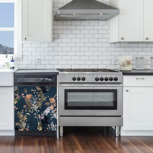 Dark Floral Pattern Dishwasher Waterproof Sticker Abstract Flowers Kitchen Decor Vinyl Wrap Dishwasher Vinyl Cover Kitchen Dishwasher Decal