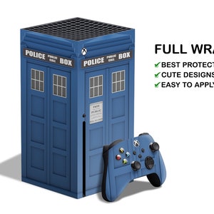 May include: A blue and black Xbox Series X console and controller with a Doctor Who TARDIS design. The console has the words "POLICE PUBLIC CALL BOX" on the front. The text "FULL WRAP" is in the upper right corner of the image. The text "BEST PROTECTION", "CUTE DESIGNS", and "EASY TO APPLY" are listed below the text "FULL WRAP".