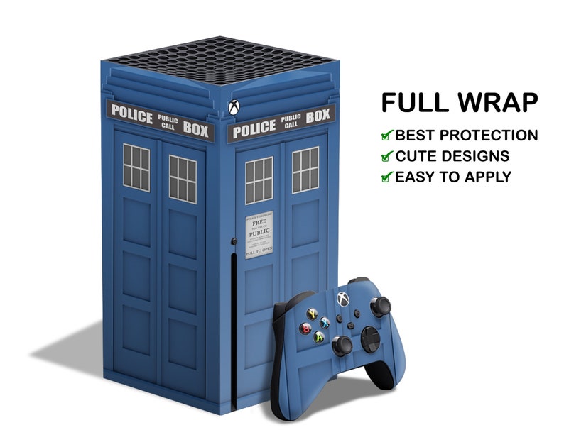 May include: A blue and black Xbox Series X console and controller with a Doctor Who TARDIS design. The console has the words "POLICE PUBLIC CALL BOX" on the front. The text "FULL WRAP" is in the upper right corner of the image. The text "BEST PROTECTION", "CUTE DESIGNS", and "EASY TO APPLY" are listed below the text "FULL WRAP".