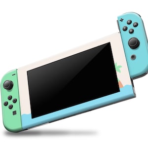 May include: A turquoise and green Nintendo Switch console with a palm tree and island design. The console is in handheld mode with the screen facing forward.