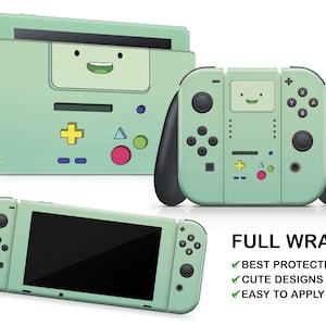 May include: A green and black Nintendo Switch console skin with a cartoon character design. The skin features a green background with a cartoon face and a yellow plus sign. The skin is designed to fit the Nintendo Switch console, Joy-Cons, and dock. The text "FULL WRAP" is visible in the image. The text "BEST PROTECTION", "CUTE DESIGNS", and "EASY TO APPLY" are also visible in the image.