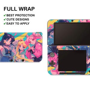 May include: A colorful Nintendo 3DS XL skin featuring three anime characters with pink, blue, and yellow hair. The skin has a bright, colorful design with a blue, pink, and yellow color scheme. The skin is designed to fit the Nintendo 3DS XL console.