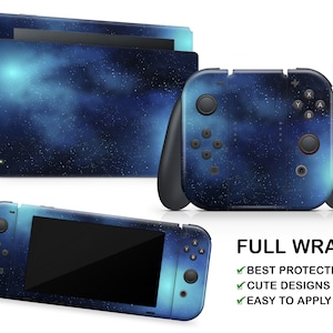 May include: A full wrap skin for the Nintendo Switch console and controllers. The skin features a blue and black galaxy design with stars. The text "FULL WRAP" is printed on the image, along with the words "BEST PROTECTION", "CUTE DESIGNS", and "EASY TO APPLY".
