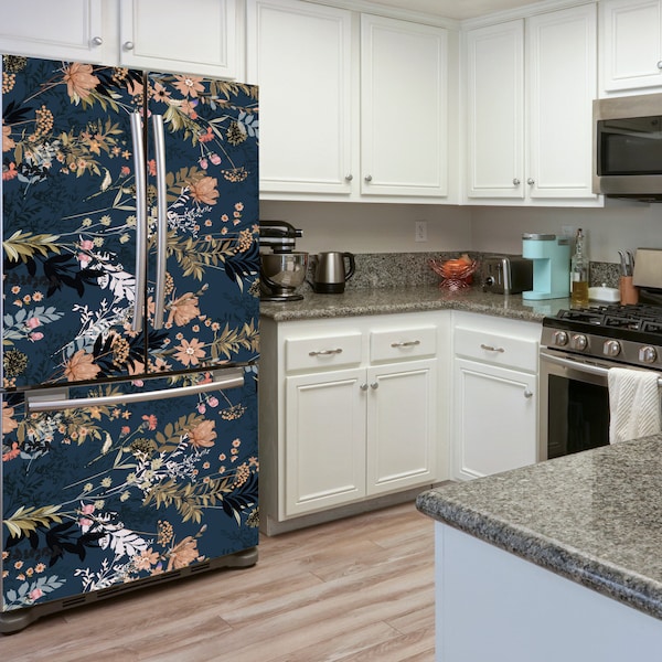 Small Colorful Flowers Pattern Refrigerator Skin Floral Fridge Sticker Kitchen Decor Vinyl Wrap Fridge Vinyl Cover Kitchen Wall Art Decal