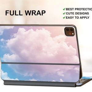 May include: A full wrap case for a tablet with a pink and blue cloudy sky design. The case has a built-in keyboard and is labeled "FULL WRAP". The text "BEST PROTECTION", "CUTE DESIGNS", and "EASY TO APPLY" is also visible.