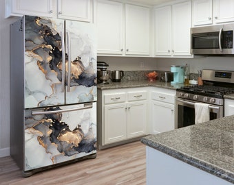 Liquid Oil Black & Gold Marble Refrigerator Skin Marble Fridge Sticker Kitchen Decor Vinyl Wrap Fridge Vinyl Cover Kitchen Wall Art Decal
