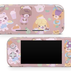 Puede incluir: Piel de consola Nintendo Switch Lite rosa con un diseño de personaje de animal lindo. La piel presenta una variedad de colores pastel e ilustraciones de animales, incluyendo un perro, un gato y un oso. La piel está diseñada para adaptarse a la consola Nintendo Switch Lite y es fácil de aplicar y quitar.