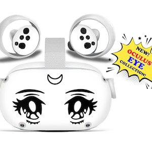 May include: White Oculus Quest 2 virtual reality headset with a black anime-style eye design and a crescent moon on the front. The headset is shown with two white controllers.
