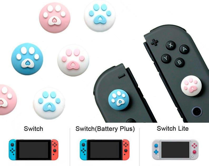 May include: A set of paw print-shaped button covers for the Nintendo Switch, Switch Lite, and Switch (Battery Plus) consoles. The covers are available in pink, blue, and white.