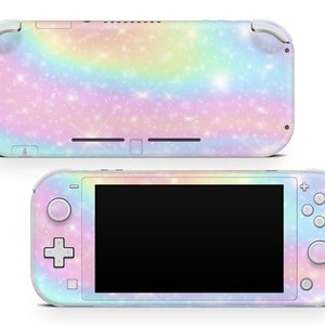 May include: A pink, blue and yellow Nintendo Switch Lite console with a sparkly rainbow design. The console is shown from the front and back.
