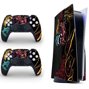 May include: A black PlayStation 5 console with a colourful dragon design and a matching black controller with the same design.