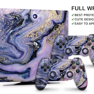 May include: A gaming console and two controllers feature a full wrap design with a swirling pattern of purple, blue, and gold. The text "FULL WRAP" and bullet points for "BEST PROTECTION", "CUTE DESIGNS", and "EASY TO APPLY" are visible.
