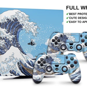May include: A blue and white PlayStation 4 console and two controllers with a Japanese wave design. The console and controllers are covered in a full wrap skin.