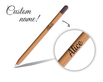 May include: A brown wooden pencil with a black eraser and the name "Alice" engraved on it. The pencil is a custom-made gift.