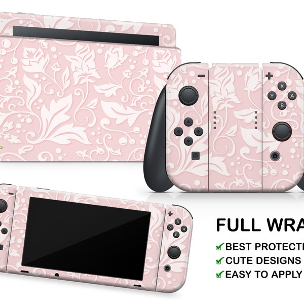 Pastel Pink Floral Pattern Nintendo Switch Vinyl Sticker White Flowers Joy Con Skin Beige Peach Art Sticker Nintendo Console Dock Controller