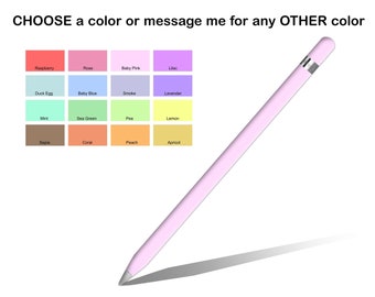 May include: A pink Apple Pencil with a white tip and a silver band near the top. The pencil is lying on a white background with a shadow underneath. The image also shows a color chart with 16 different color swatches.