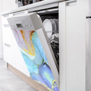 Pastel Dishwasher Colorful Rose Blue Marble Waterproof Sticker Holographic Kitchen Decor Vinyl Wrap Dishwasher Vinyl Cover Kitchen Decal