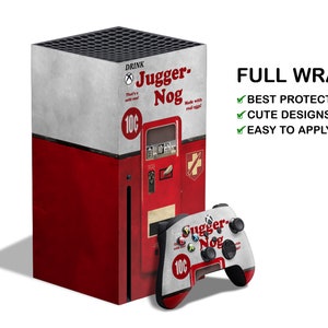 May include: A full wrap skin for the Xbox Series X console and controller featuring a vintage-style design of a red vending machine with the text "Drink Jugger-Nog" and "10¢".