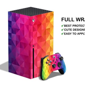 Puede incluir: Una piel de consola Xbox Series X con un diseño geométrico colorido y una piel de mando a juego. La piel presenta un arcoíris de colores, incluyendo rojo, naranja, amarillo, verde, azul y morado. La piel está hecha de vinilo de alta calidad y es fácil de aplicar y quitar.  FULL WRAP. BEST PROTECTION. CUTE DESIGNS. EASY TO APPLY.