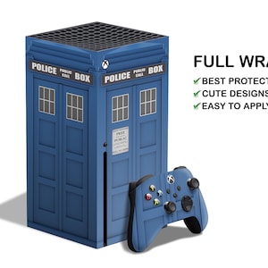 May include: A blue and white Xbox Series X console skin with a design inspired by the TARDIS from Doctor Who. The skin features the iconic POLICE PUBLIC CALL box design. The image also shows a blue and white Xbox Series X controller skin.