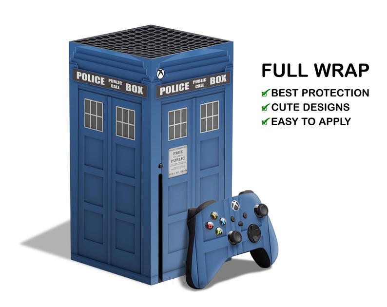 May include: A blue and white Xbox Series X console skin with a design inspired by the TARDIS from Doctor Who. The skin features the iconic POLICE PUBLIC CALL box design. The image also shows a blue and white Xbox Series X controller skin.