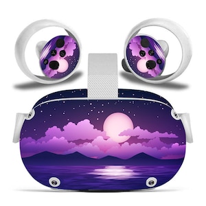 May include: A purple and black VR headset with a starry night sky and a full moon design. The headset has two white controllers with a similar design.