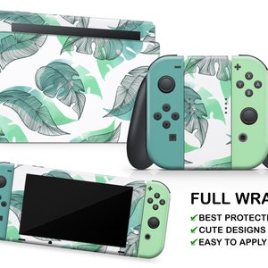 May include: A full wrap skin for the Nintendo Switch console and controllers. The skin features a white background with a green and black tropical leaf pattern. The text "FULL WRAP" is printed in black at the bottom of the image. The text "BEST PROTECTION", "CUTE DESIGNS", and "EASY TO APPLY" are printed in green below the text "FULL WRAP".