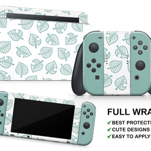 May include: A full wrap skin for the Nintendo Switch console and Joy-Cons featuring a white background with a repeating pattern of green leaf designs. The text "FULL WRAP" is displayed in black text with a green tick next to the text "BEST PROTECTION", "CUTE DESIGNS", and "EASY TO APPLY".