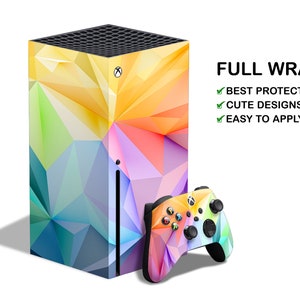 May include: A full wrap skin for the Xbox Series X console and controller featuring a colorful geometric pattern with a rainbow color scheme. The text "FULL WRAP" is displayed in white with green checkmarks next to the text "BEST PROTECTION", "CUTE DESIGNS", and "EASY TO APPLY".